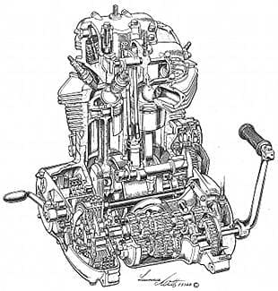 Triumph T140 motorcycle engine cutaway by Lawrie Watts, technical motorcycle illustrator